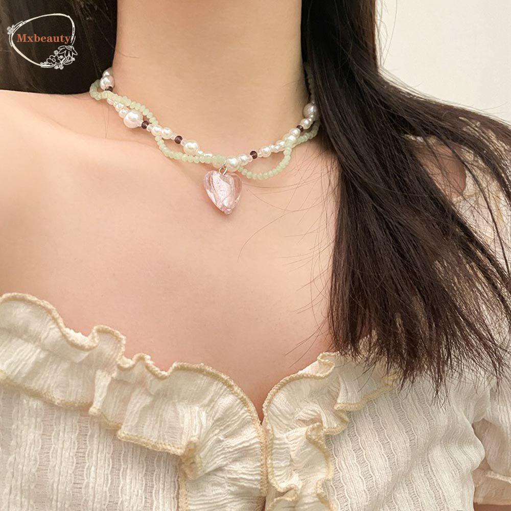 Mxbeauty Kalung Korea Manis Vintage Mutiara Hati Trendy Untuk Anak Perempuan Liontin Bunga