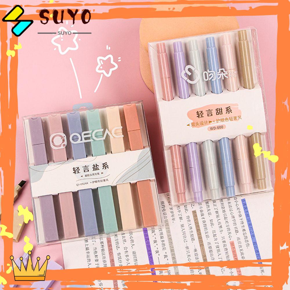 Suyo 6pcs/Set Pen Neon Lucu Berkepala Dua Perlengkapan Sekolah Alat Tulis