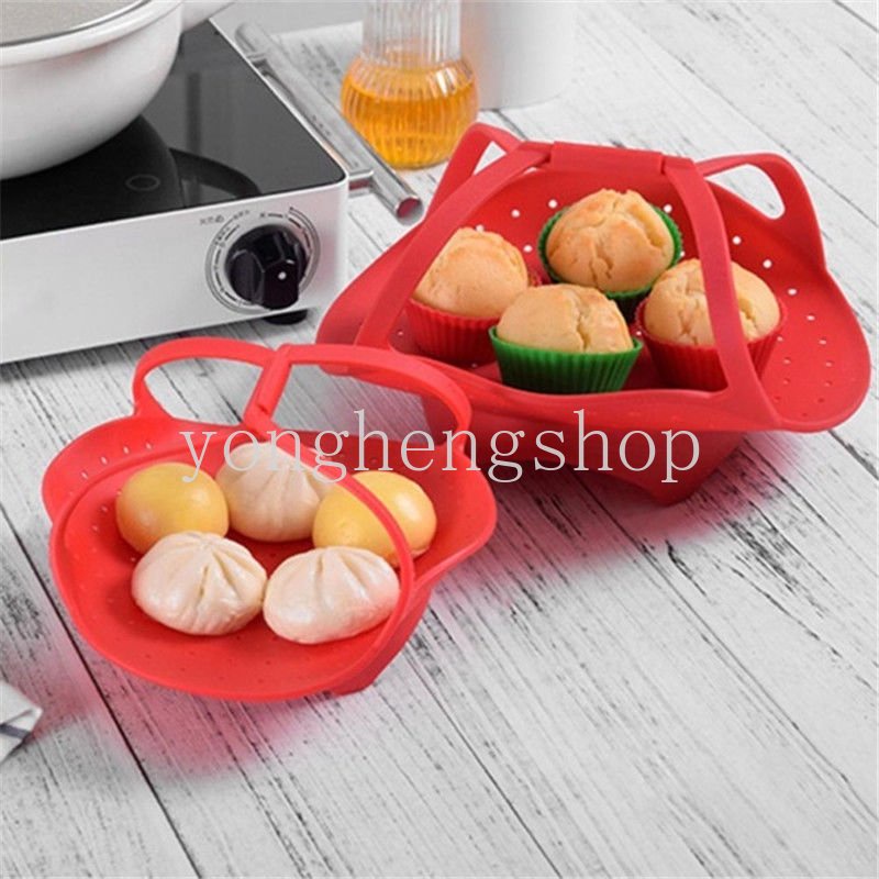 Collapsible Silicone Steamer Basket Microwave Oven Food Steamer Telur Pangsit Dimsum Rak Kukus Dengan Pengangkat Cooker Alat Masak Dapur Bakeware