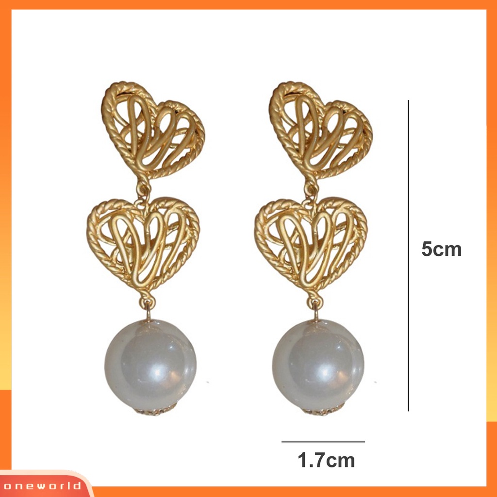 [EONE] 1pasang Drop Earrings Electroplating Berlebihan Liontin Geometris Menawan Dress Up Hypoallergenic Hati Emas Faux Pearl Earrings Fashion Perhiasan