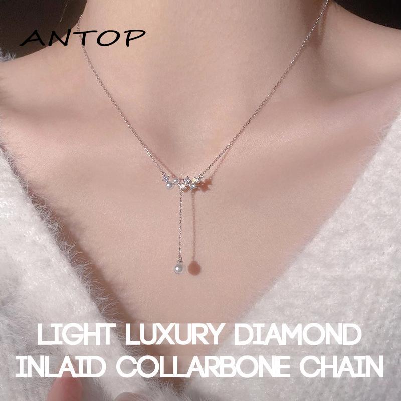 [antop] Rumbai Kalung Mutiara Imitasi Berlian Hias Rantai Tulang Selangka Wanita Desain Mewah Ringan