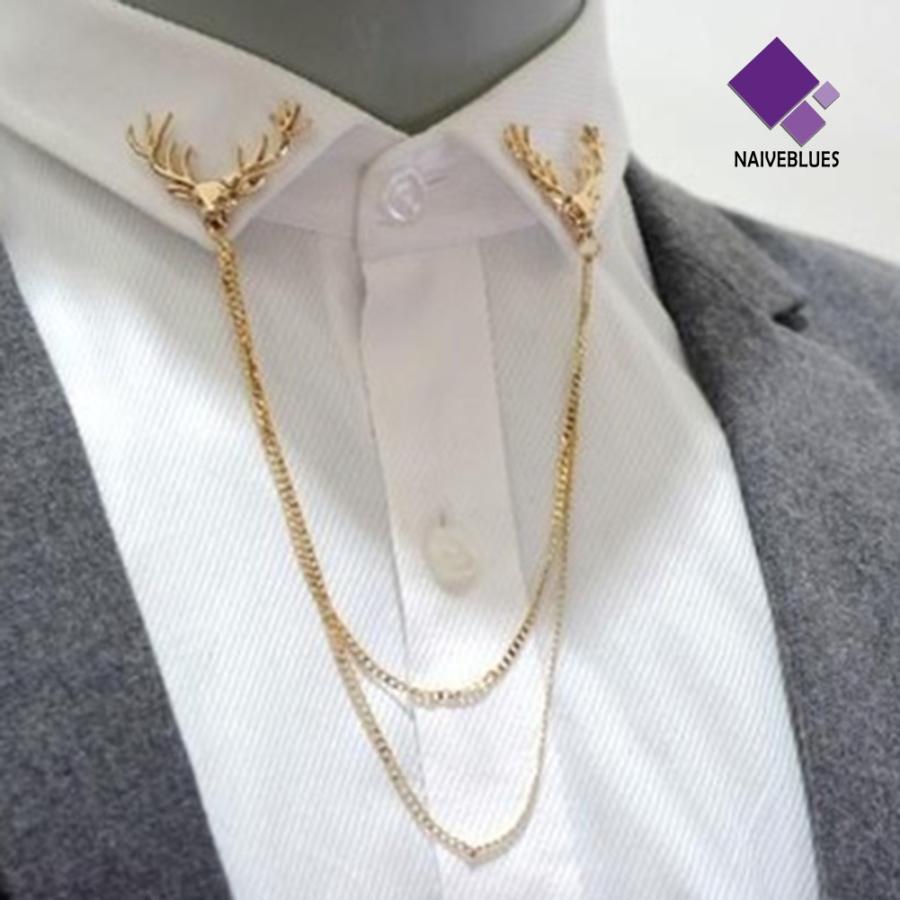 &lt; Naiveblues &gt; Fashion Pria Wanita Kemeja Jas Kerah Rusa Bros Pin Dengan Rantai Hadiah