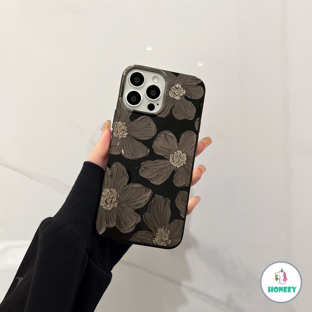 IPHONE Retro Fossil Keren Hitam Lukisan Minyak Bunga Telepon Case Kompatibel Untuk Iphone14 13 11 12 Pro Max 12 Pro Case Lucu Soft Cover