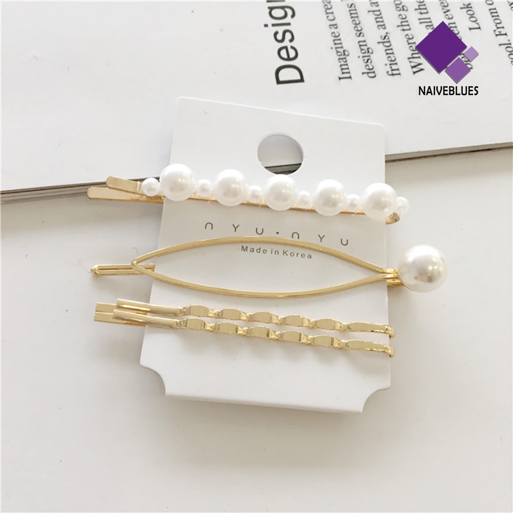 &lt; Naiveblues &gt; 4Pcs/Set Sweet Faux Pearl Metal Barrette Wanita Klip Samping Jepit Rambut