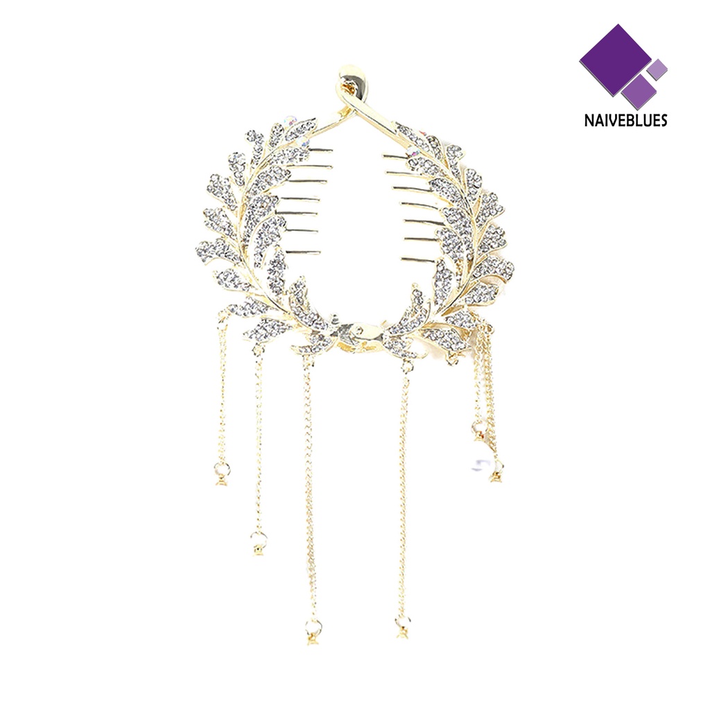 &lt; Naiveblues &gt; Bun Hair Claw Rhinestone Rumbai Bentuk Mutiara Imitasi Dengan Hiasan Gigi Bahan Alloy Mewah Anti-slip