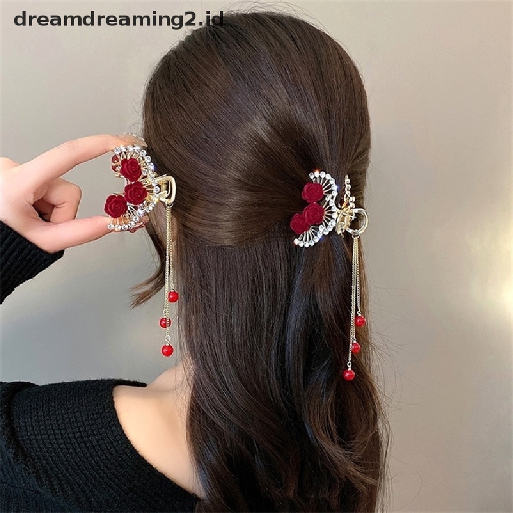 (dream) 1pc Pearl Rose Jepit Rambut Pearl Tassel Hair Clip Woman Hair Claw Perhiasan Aksesoris Rambut Hiasan Kepala Peri//