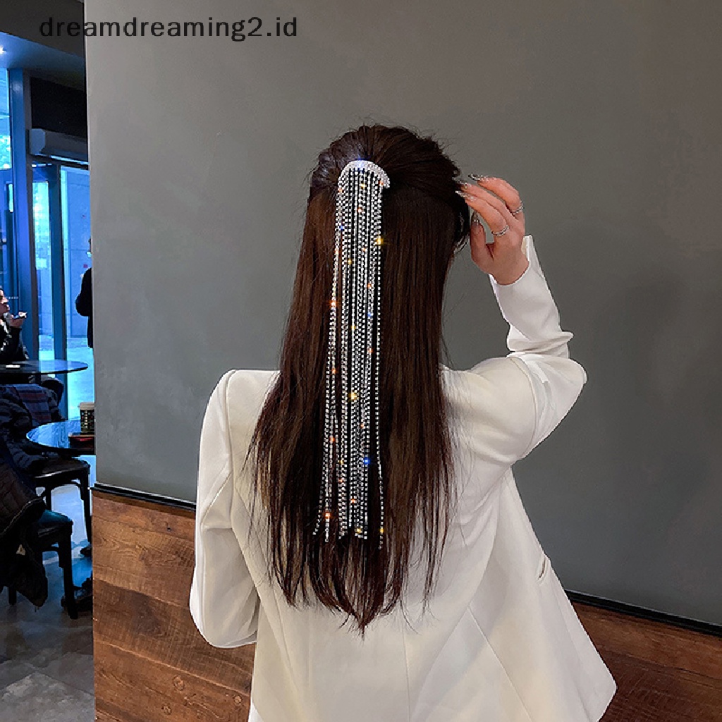 (dream) Bling Rhinestones Rantai Panjang Hairwear Hadiah Klip Jepit Rambut Untuk Wanita Perempuan Perhiasan//