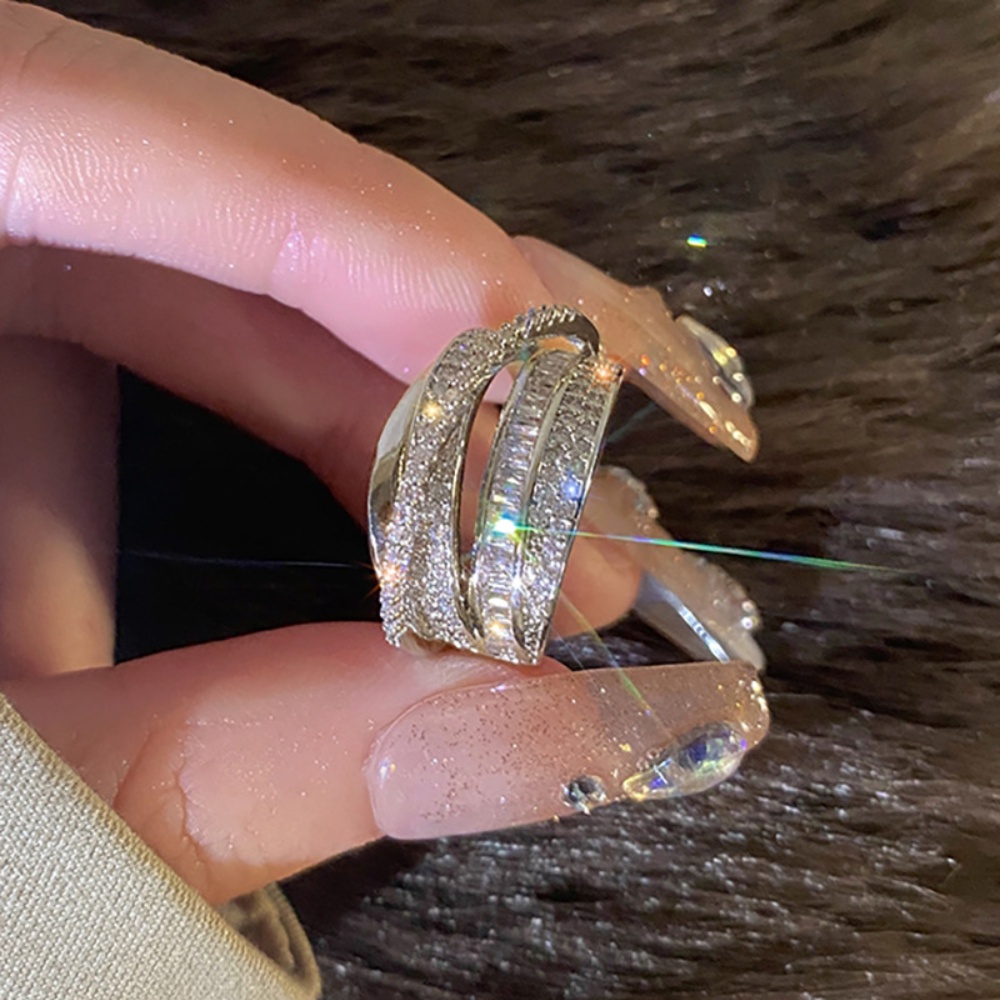 Deartiara Geometris Perak Zirkon Cincin Fashion Dan Elegan Multi-Lapis Garis Terbuka Cincin Perempuan Indah Jari Telunjuk Cincin