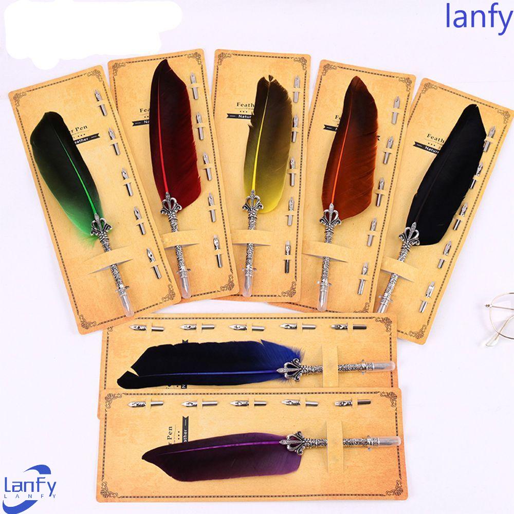 LANFY Vintage Fountain Pen Ink Nib Calligraphy Carved Set Feather Metal Stationery Pens Quill/Multicolor