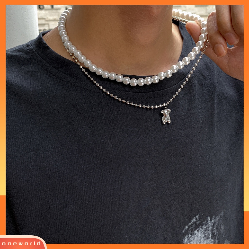 [ONE] Pria Kalung Dipoles Mutiara Imitasi Portabel Gaya Punk Bentuk Panda Pria Kalung Choker Perhiasan Laki-Laki