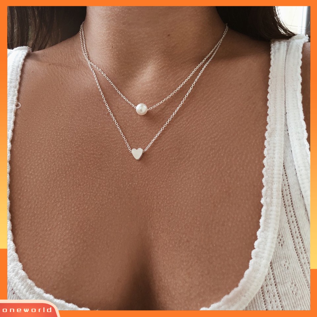 [EONE] Wanita Kalung Dua Layer Hati Mutiara Imitasi Kalung Adjustable Untuk Pesta Pernikahan Perjamuan