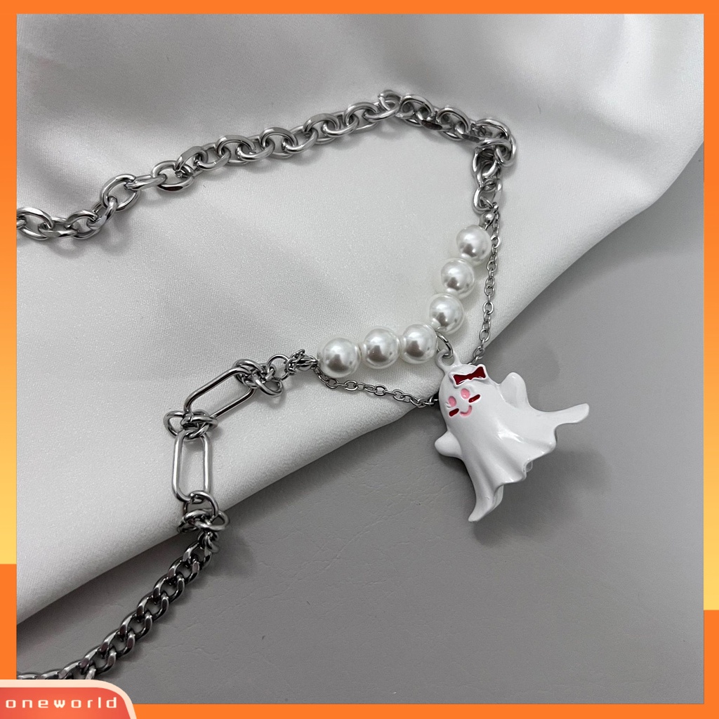 [EONE] Wanita Kalung Asimetris Mutiara Imitasi Palsu Kristal Hip Hop Hadiah Putih Hitam Hantu Liontin Musim Gugur Dingin Sweater Kalung Fashion Perhiasan