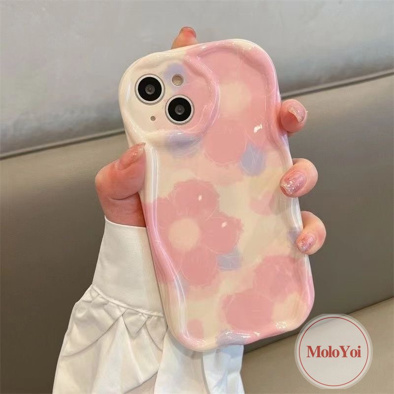 IPHONE Shockproof Case Kompatibel Untuk Iphone11 14 13 12 Pro Max 7Plus XR 6s 6 7 8 Plus X XS Max SE 2020 Ins Tinta Cinta Hati Bunga 3D Wavy Curved Edge Glossy Airbag Soft Cover