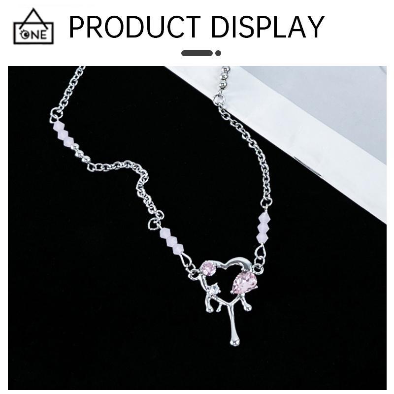 COD❤️Kalung Pendek Pendek Mewah Premium Pink Zirkon Manis Keren Kalung Cinta Tetesan Cair -A.one