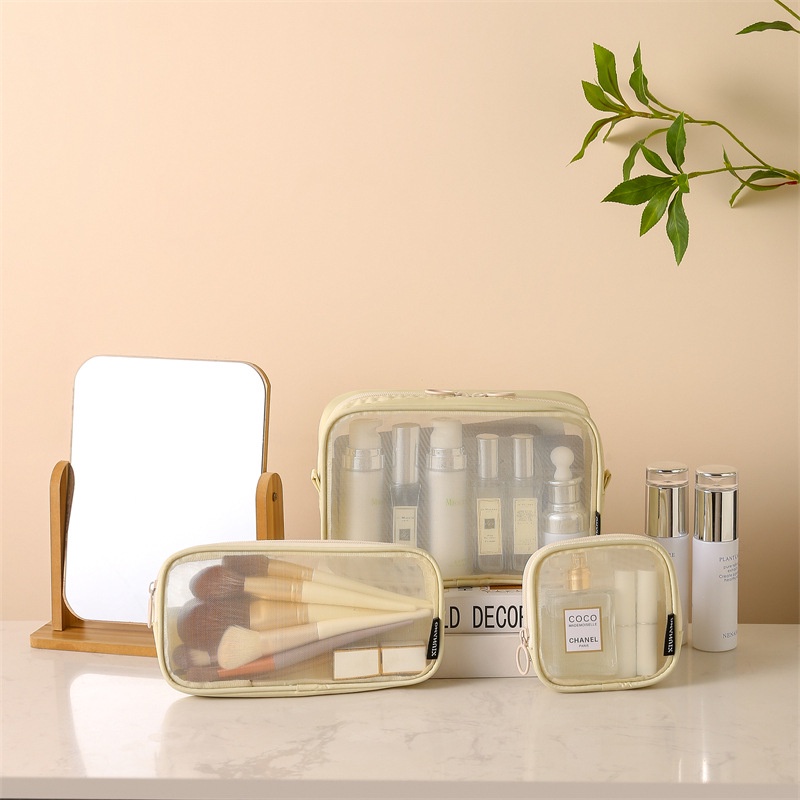 Pouch Kosmetik Wanita 3 Ukuran Motif Jaring Polos Tas Skincare Minimalis