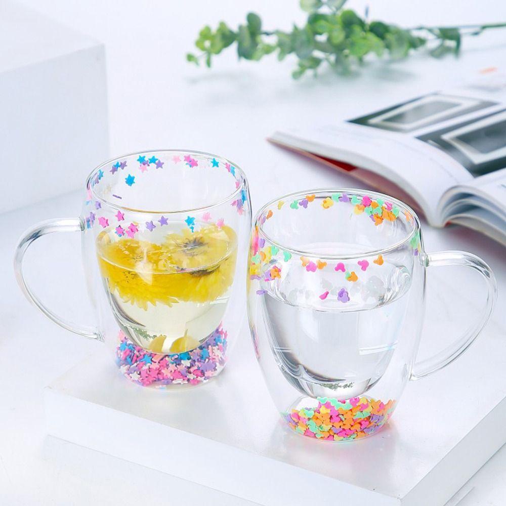 Populer Double Wall Glass Cup Handmade Insulated High Borosilicate Tea Drink Cups Cangkir Kopi Whisky Cup Dengan Isian Bintang Glitters