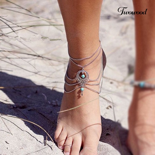 Twowood Wanita Boho Turquoise Beads Gelang Kaki Jumbai Rantai Ankle Bracelet Kaki Perhiasan