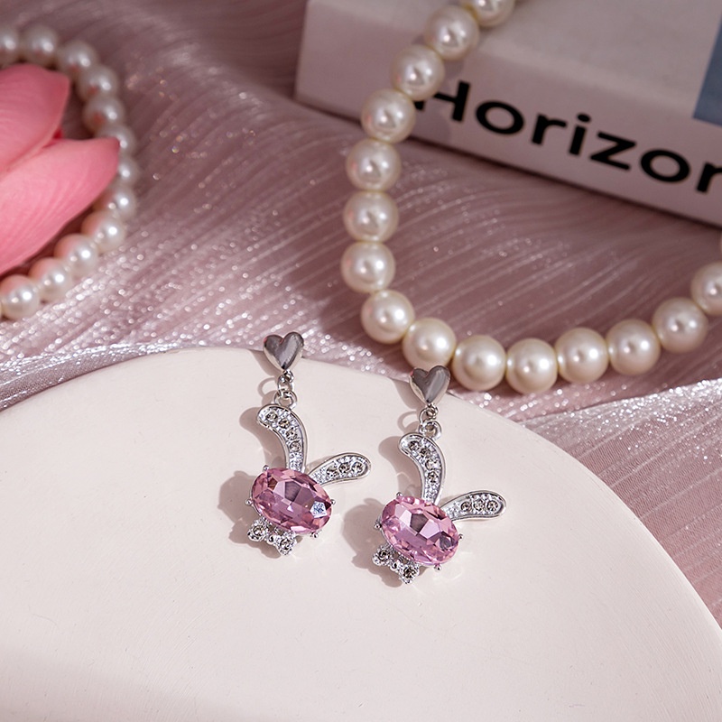 Ahellogirl Anting Jarum Silver Anting Tusuk Motif Rumbai Hati Kelinci Lumba Pink Berlian Untuk Wanita Perempuan