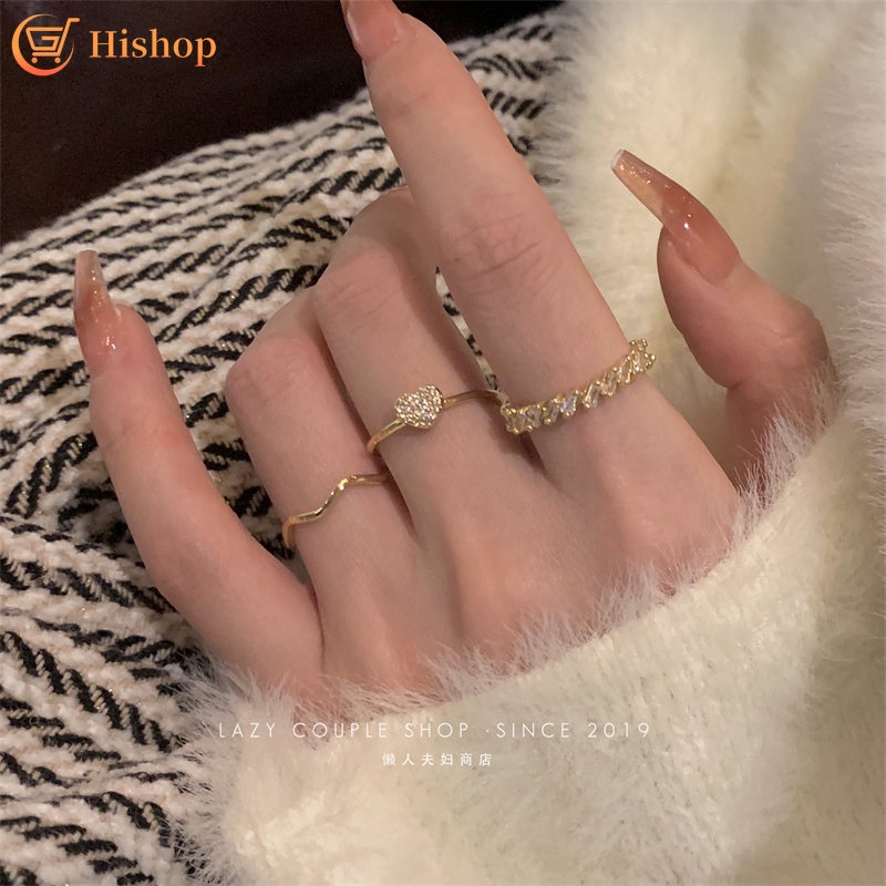 3pcs/set Cincin Set Gelombang Hati Kristal Zirkon Cincin Emas Untuk Aksesoris Perhiasan Wanita