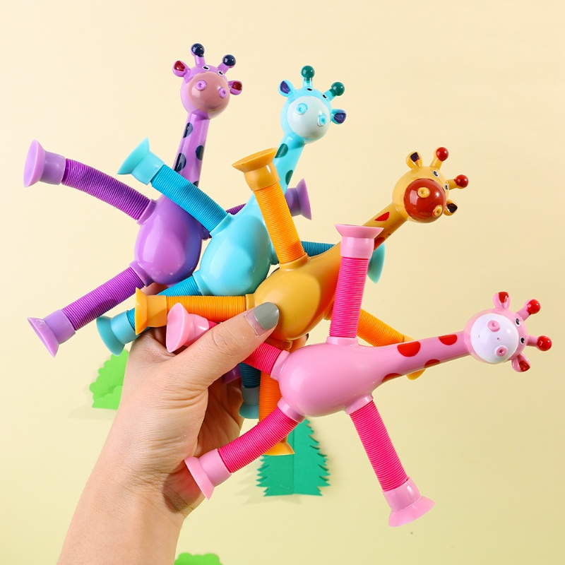 Anak Lucu Jerapah Pop Tabung Mainan Sensorik Telescopic Suction Cup Toys Novelty Squeeze Fidget Kids Puzzle Edukasi Dini Stress Relief Mainan Pesta Ulang Tahun Kekinian