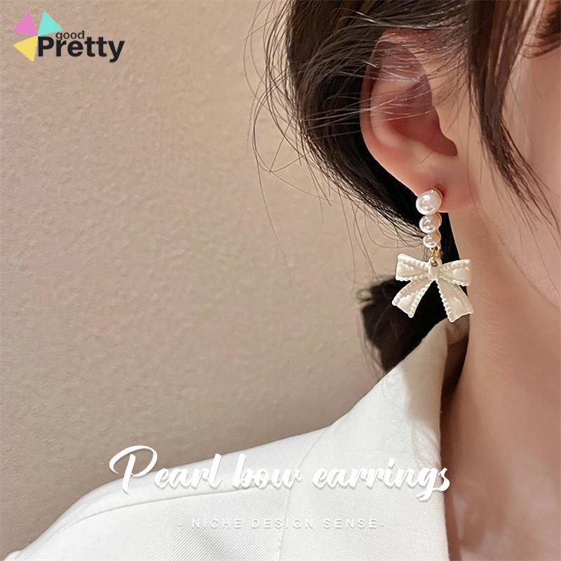 Anting S925 Simpul Busur Mutiara Perak Off-white Desain Anting Rasa untuk Wanita  - PD