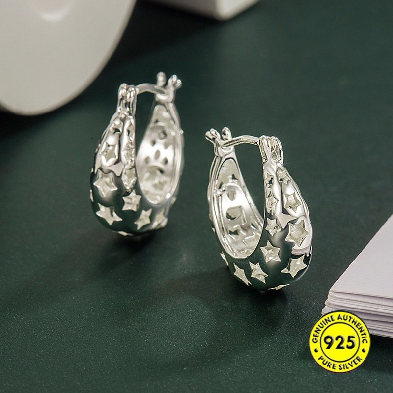 Anting Tusuk Bintang Hollow Sederhana Perak S925 U1810