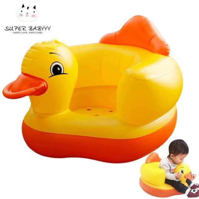 Kursi Duduk Bebek Sofa Bayi Bahan Pvc Music Karakter Bebek Warna Kuning Oren Sofa Kursi Makan Bayi belajar duduk balon Baby Chair Model Tiup Bebek Dengan Music Musik