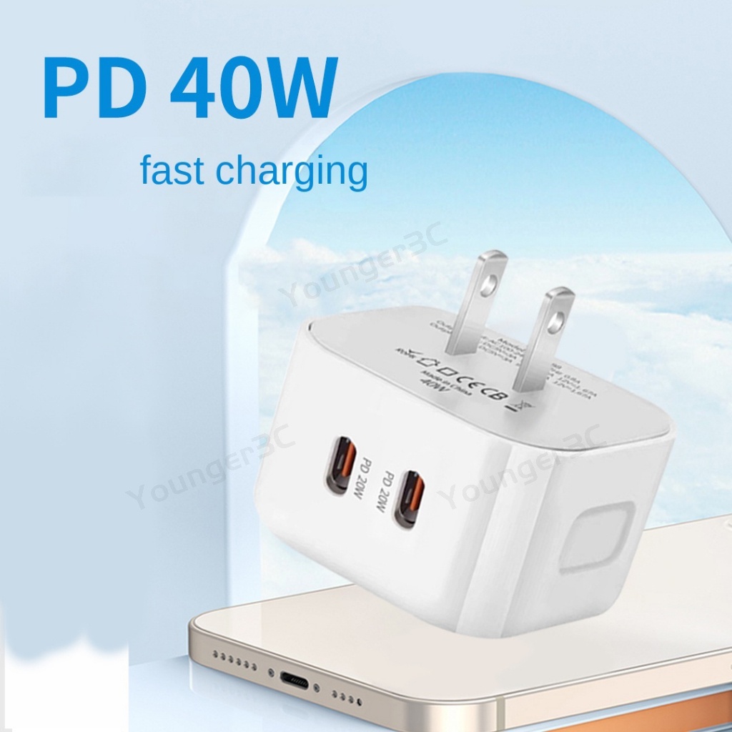 40w PD Dual Line Fast Charging Charger Handphone Tipe C PD Dual Port Flash Charging Travel Adapter Untuk ios Android Tipe C