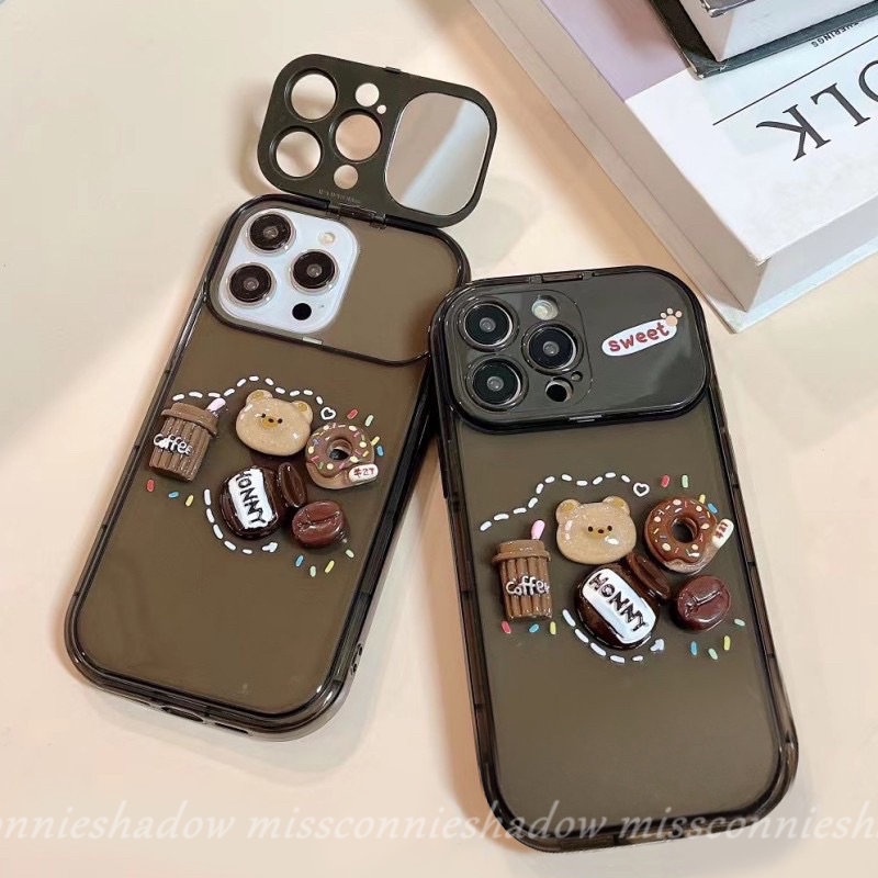 IPHONE 3d Kartun Lucu Mainan Beruang Kopi Donat Case Kompatibel Untuk Iphone7 8 14 Plus 11 12 13 14 Pro MAX XR X XS MAX SE Kreatif Flip Make Up Cermin Silicon Shockproof Soft Case