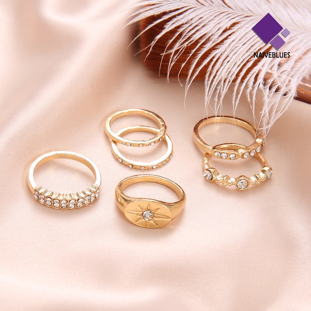 &lt; Naiveblues &gt; 6Pcs/Set Fashion Wanita Matahari Berlian Imitasi Bertatahkan Jari Cincin Perhiasan Pesta