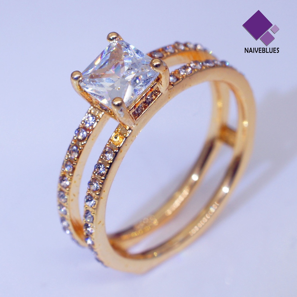 &lt; Naiveblues &gt; Wanita Cincin Lapisan Ganda Persegi Berlian Imitasi Perhiasan Fashion Penampilan Jari Cincin Pernikahan