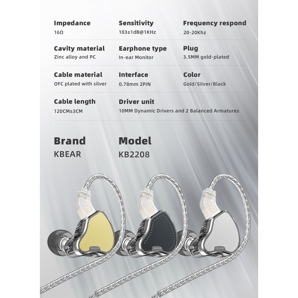 Kbear PECKER KB2208 HiFi In-Ear Metal Earphone 2BA+1DD Driver IEM 2Pin Dilepas OFC Kawat Earphone Bass Musik Sport Headset