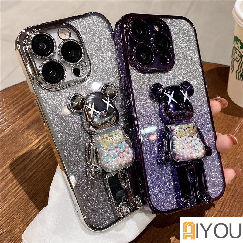 IPHONE Kartun Lucu Beruang Gradien Glitter Violence Bear Stand Plating Case Case Untuk Iphone14 13 12 Pro Max11Xxxr Xs8 7 Plus