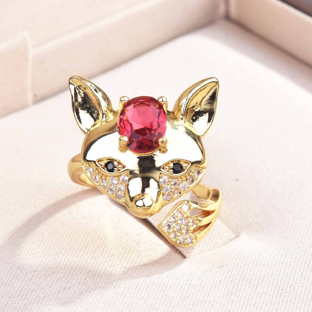 Goldkingdom Fashion Perhiasan Aksesoris Ready Stock Berlapis Emas Cincin Rubah Pribadi Kreativitas Ruby Fox Terbuka Cincin Perempuan