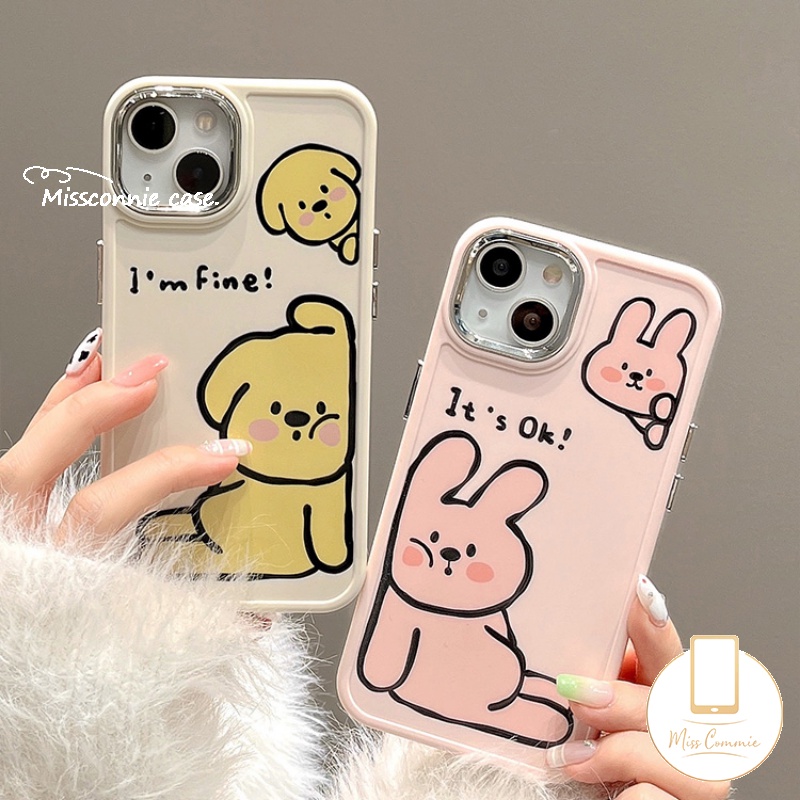 IPHONE Pasangan Case Ponsel Kartun Kompatibel Untuk Iphone7 8plus11 12 14 13 Pro MAX 7plus X XR 8plus XS MAX Plating Bingkai Lensa Logam Lukisan Minyak Anjing Lucu Robbit Soft Cover