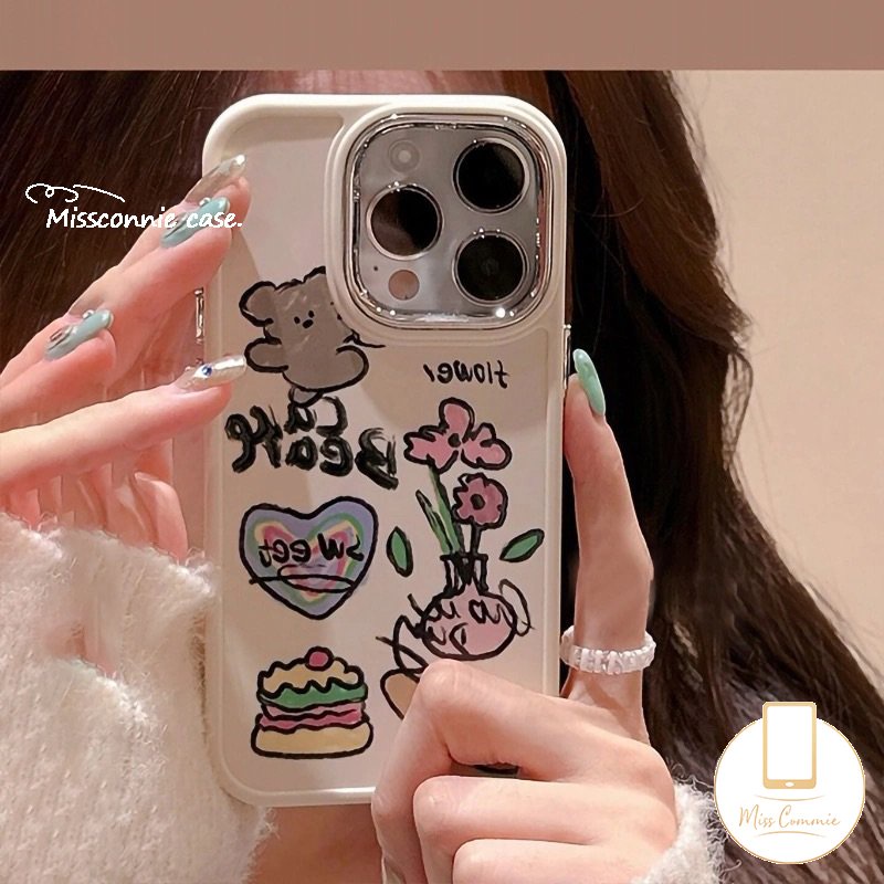 Graffiti Love Heart Soft Phone Case Kompatibel Untuk IPhone 7Plus XR 87 Plus X11 13 14 12 Pro Max 8Plus XS Max Beruang Lucu Hamburger Bunga Logam Bingkai Lensa Cover