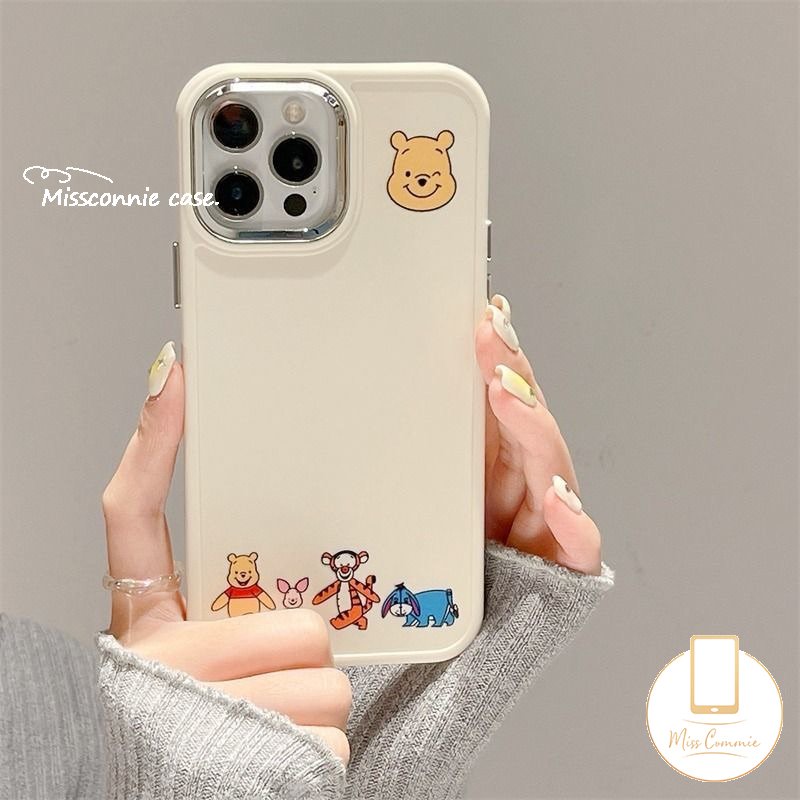 Caroon Disney Mickey Minnie Mouse Case Kompatibel Untuk IPhone 11 12 14 13 Pro MAX 7plus X XR 7 8 Plus XS MAX 8plus Cute Winnie The Pooh Bear Plating Metal Frame Lensa Soft Cover