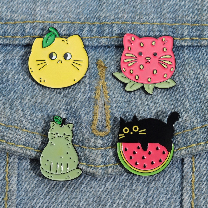 Buah-buahan Lucu Kucing Enamel Pin Strawberry Manis Lemon Bros Lencana Kartun Hewan Kerah Lencana Ransel Perhiasan Hadiah
