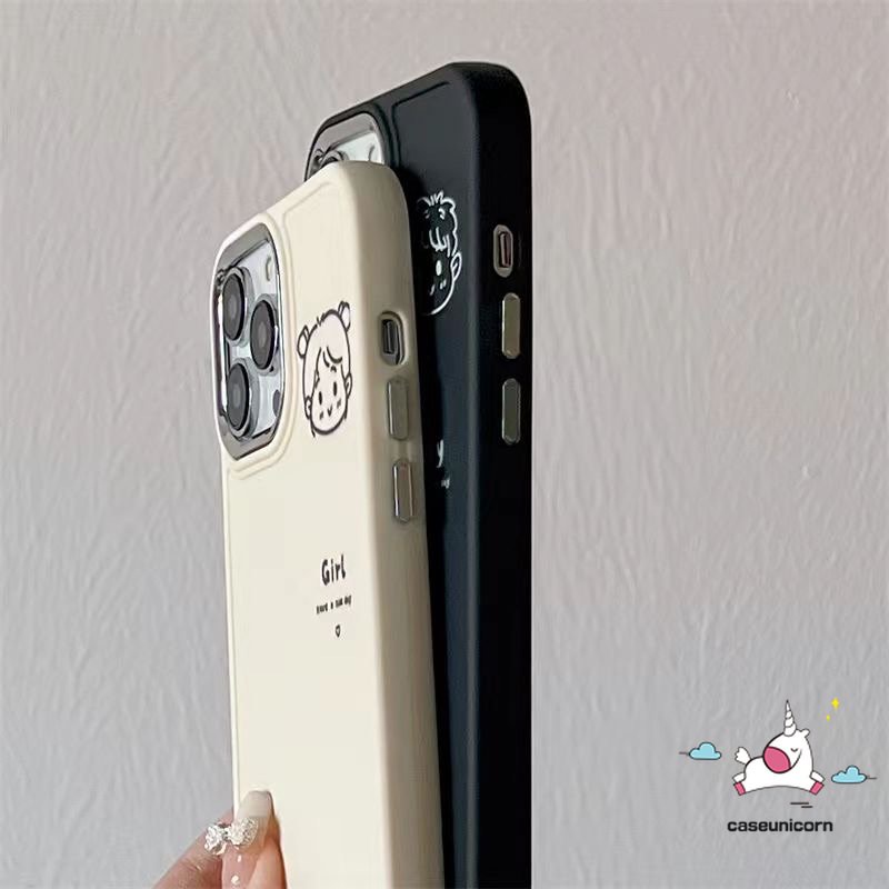 IPHONE Kartun Pasangan Case Kompatibel Untuk Iphone11 13 14 12 Pro Max7 8 Plus X XR XS MAX 7plus 8plus Pasangan Lucu Cowok Cewek Mewah Plating Bingkai Lensa Logam Lembut Penutup Belakang