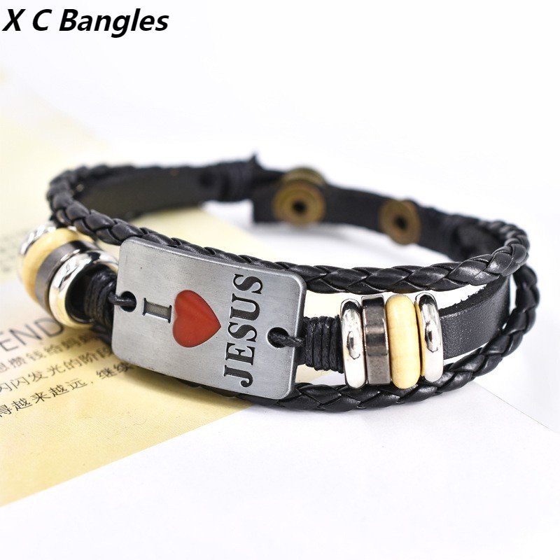 [X C Gelang] Pola Agama Baru Cinta Menjatuhkan Minyak Gelang Hitam Kulit Vintage Hip Hop Punk Gelang Lengan Manik-Manik Multilayer Zinc Alloy Anyaman Gelang