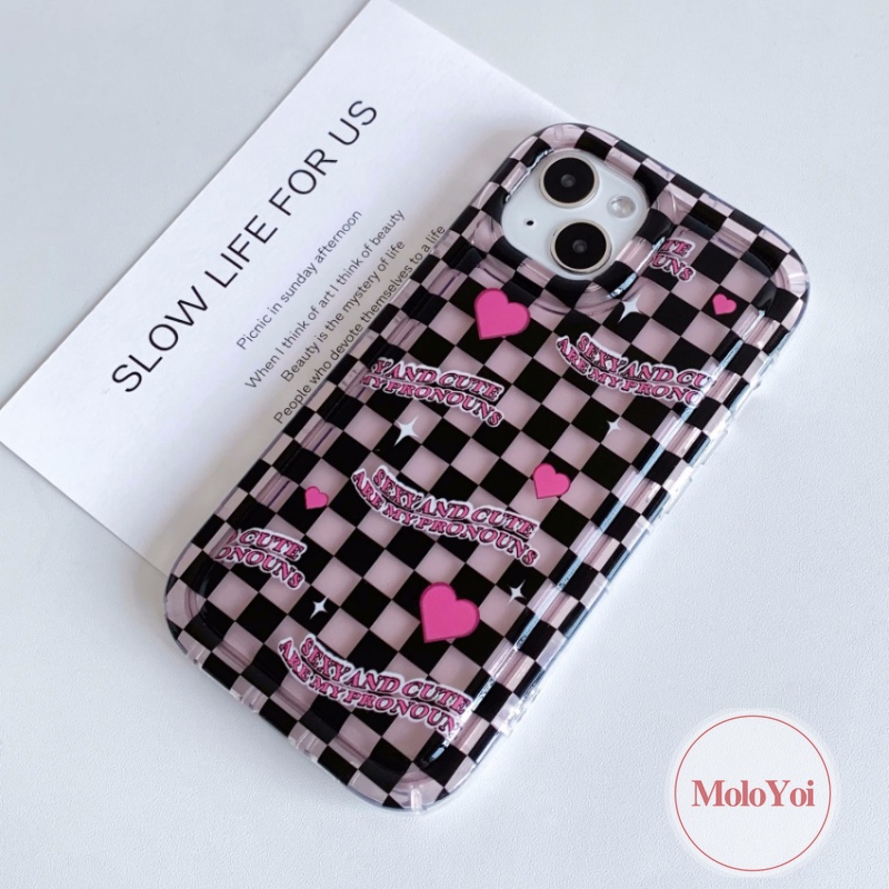 3d Cinta Hati Liontin Case Kompatibel Untuk IPhone 7Plus XR 11 14 13 12 Pro MAX 6 6S Plus X XS MAX Kawaii Korea Lucu Kotak-Kotak Kisi Shockproof Bening Lembut TPU Airbag Penutup Belakang