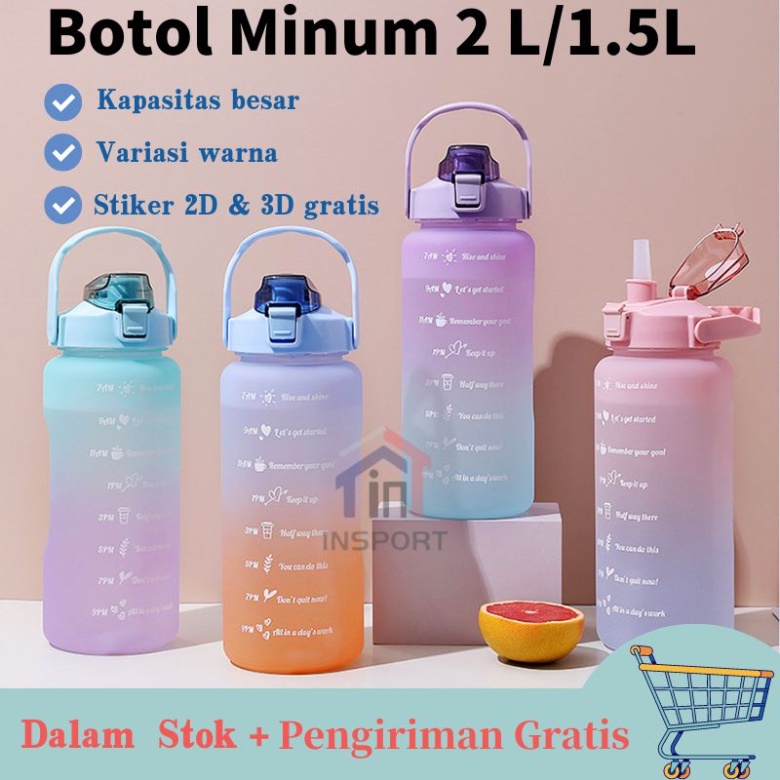 [Stiker 2D &amp; 3D Gratis] Botol Minum Tritan Warna Gradasi 2L Botol Viral ukuran 1.5 liter