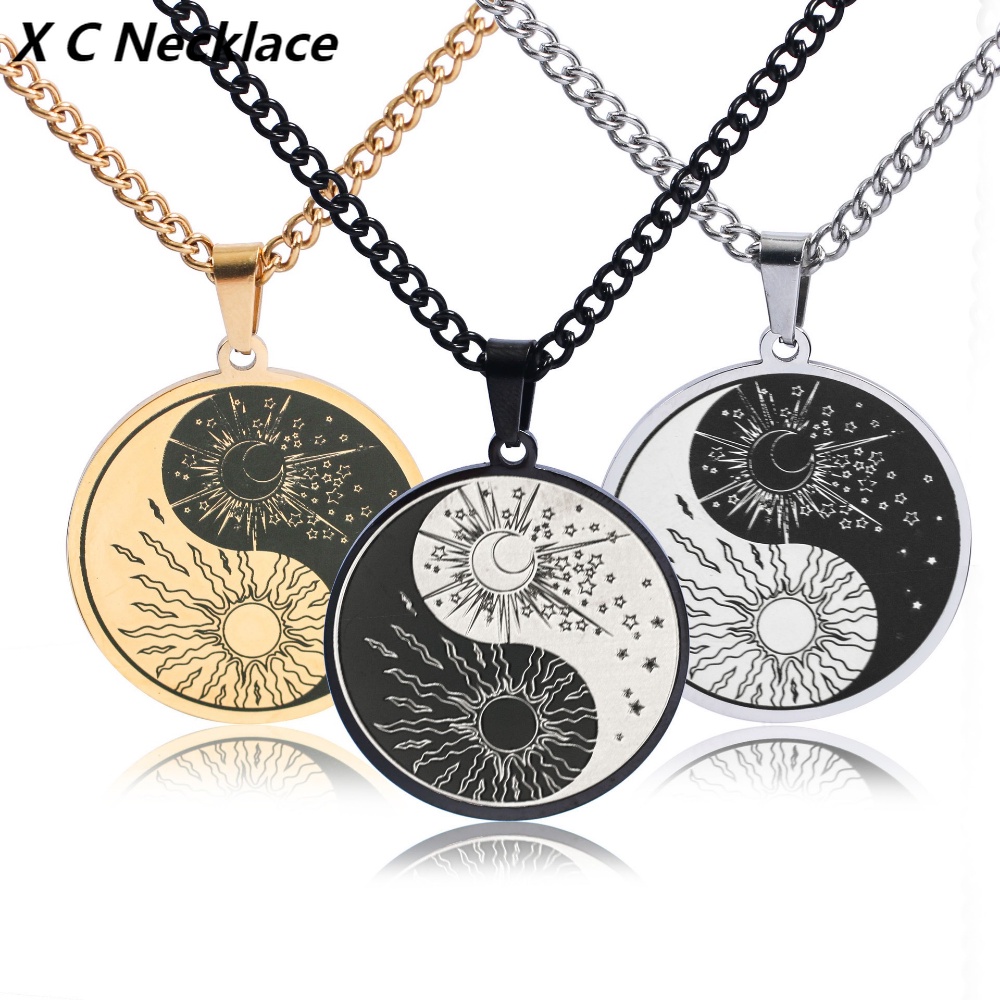 [X C Kalung] Emas &amp; Perak Baru Hip-hop Punk Retro Kreatif Yin Yang Tai Chi Lingkaran    ​Kalung Titanium Steel Liontin Anti Karat Untuk Perhiasan Hadiah Liburan Pria Dan Wanita