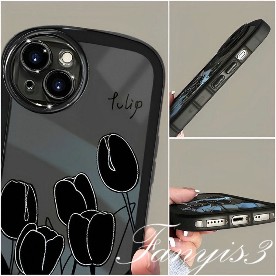 Compatible For iPhone 14 13 12 11 Pro Max X XR Xs Max 8 7 6 6s Plus SE 2020 Kompatibel Untuk Dark Black Tulip Phone Case Soft TPU Cover Ada Rantai