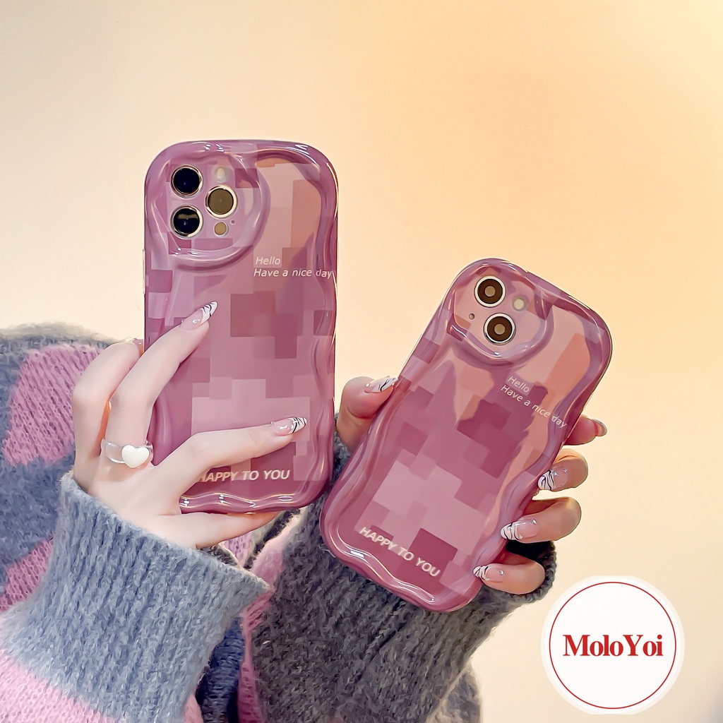 3d Wavy Curved Edge Rose Pink Kompatibel Untuk iPhone XR X XS Max 11 14 13 12 Pro Max 6 6s 7 8 Plus SE 2020 Fahion Kisi Cinta Hati Shockproof Glossy Kreatif Soft Cover