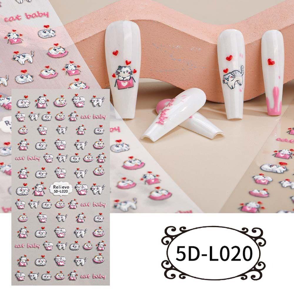 Needway Kartun Stiker Kuku 5D Relief Fashion Cinta Hati Senyum Anjing Self Adhesive Nail Dekorasi