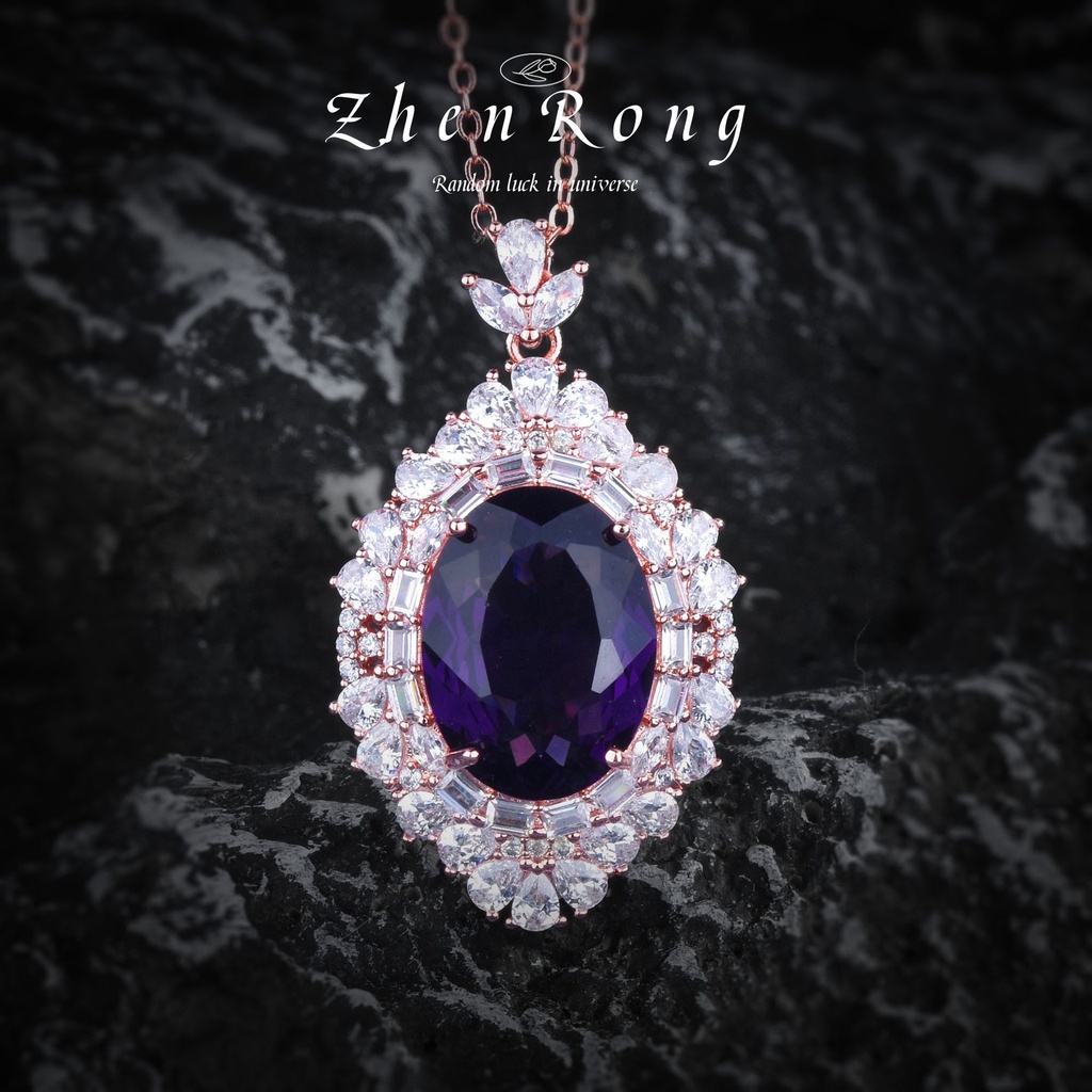 Goldkingdom Aksesoris Perhiasan Fashion Ready Stock Pusat Berbentuk Telur Batu Liontin Briliant Amethyst Kristal Zirkon Kalung