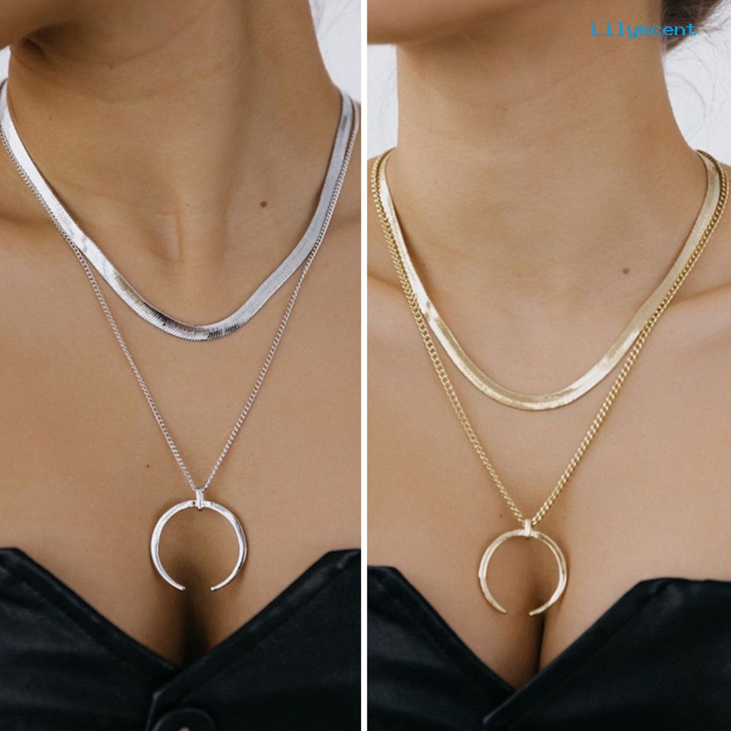 [LS]Wanita Kalung Liontin Sabit Lapisan Ganda Keren Bergaya Snack Rantai Adjustable Alloy Kalung Aksesori Fashion