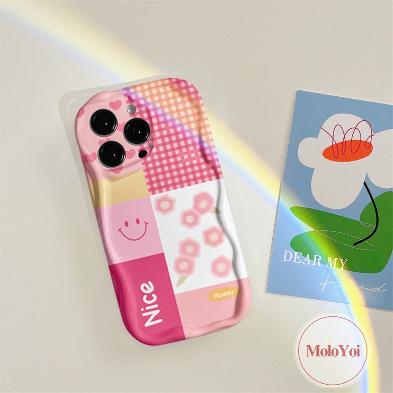 IPHONE Casing Belakang Tepi Melengkung Bergelombang 3D Kompatibel Untuk Iphone11 13 12 14 Pro Max XR X XS Max 86s 7 6 Plus SE 2020 Simple Letter Smile Motif Kotak-Kotak Bunga Pink Soft Tpu Cover