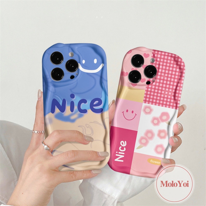 IPHONE Casing Belakang Tepi Melengkung Bergelombang 3D Kompatibel Untuk Iphone11 13 12 14 Pro Max XR X XS Max 86s 7 6 Plus SE 2020 Simple Letter Smile Motif Kotak-Kotak Bunga Pink Soft Tpu Cover